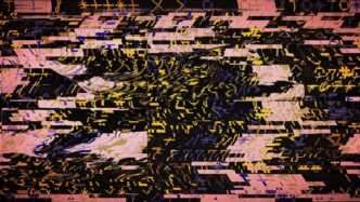 Abstract glitch art with pink and yellow patterns.