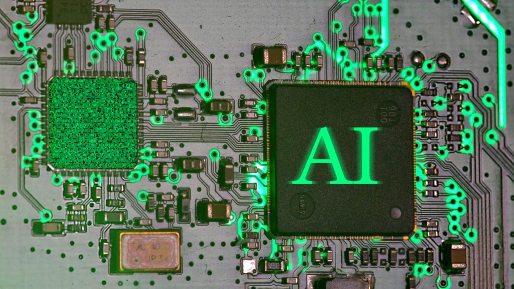 Glowing ai chip on a circuit board.