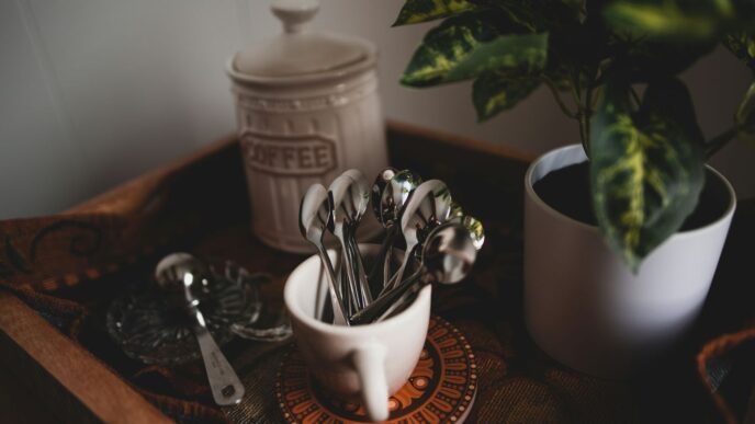 silverware in white ceramic mug beside coffee jar