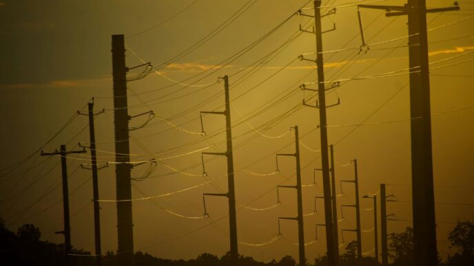Power lines silhouetted against a hazy sunset sky.