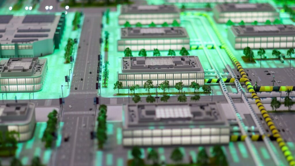 Model of a modern city with buildings and buildings