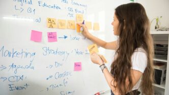 woman in blue denim jacket holding yellow sticky notes