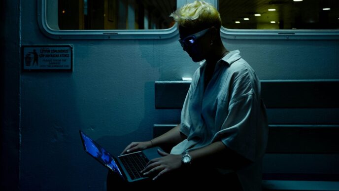 A man sitting on a train using a laptop computer