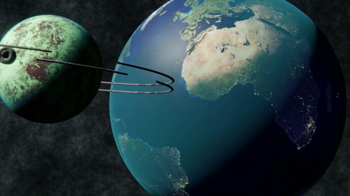 Earth and a ringed alien planet in space