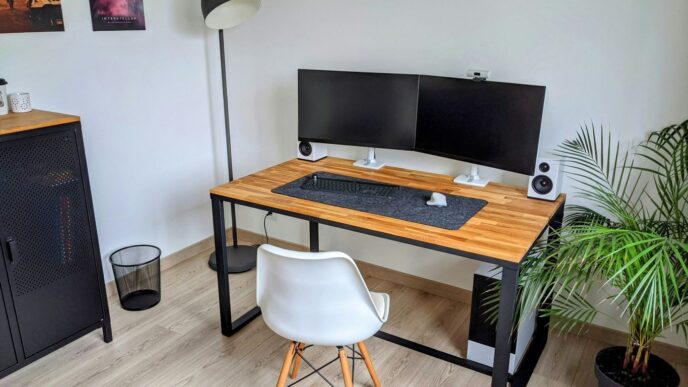 a computer desk with two monitors and a keyboard