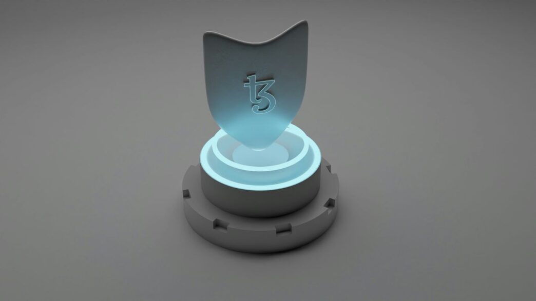 a blue illuminated object on a gray surface