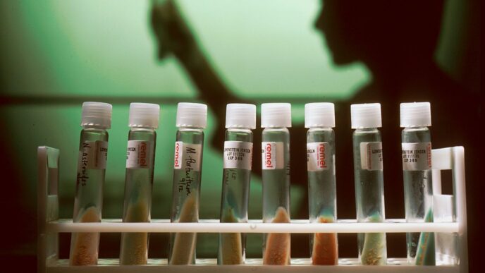 a row of test tubes filled with different colored liquids