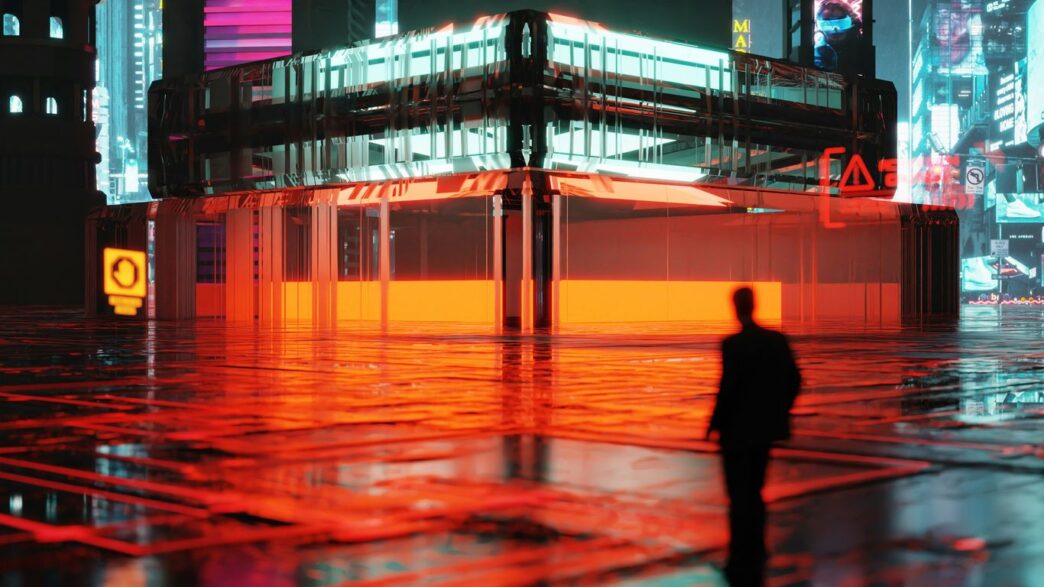 A lone figure walks through a neon-lit, rainy city street.