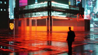 A lone figure walks through a neon-lit, rainy city street.