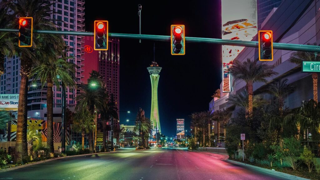 Nighttime view of a las vegas street.