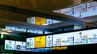 a bunch of signs hanging from the ceiling of a building