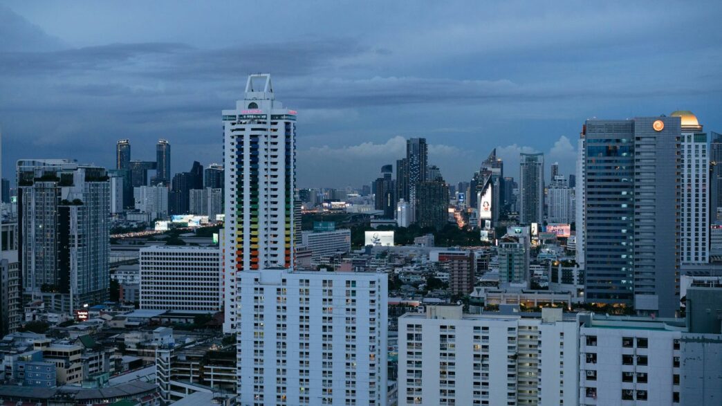 a view of a city with tall buildings