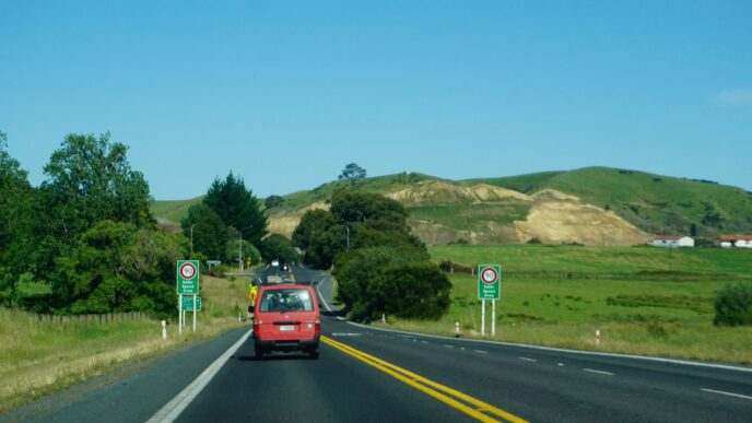 Red car driving on a highway through green hills.