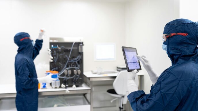 a couple of people in blue protective gear in front of a computer
