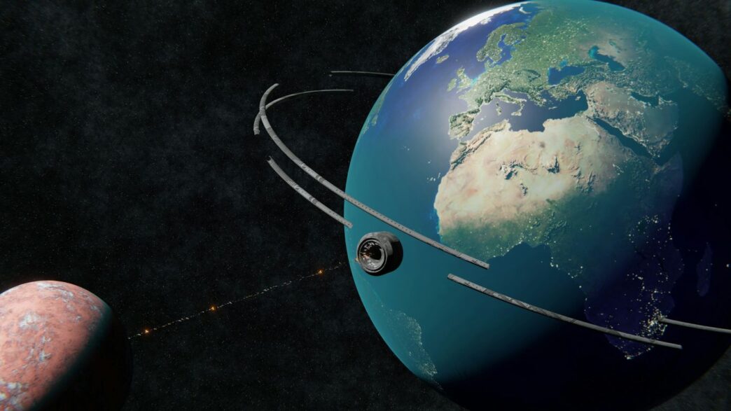 Earth and mars with orbital rings in space