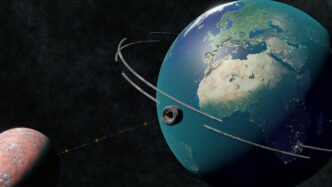 Earth and mars with orbital rings in space