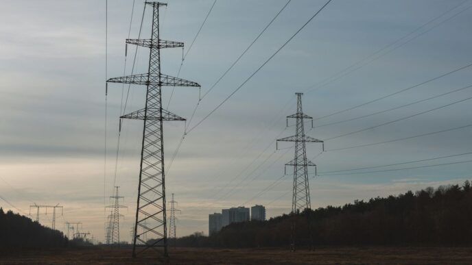 Power lines stretch across a field towards distant buildings.