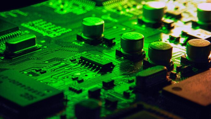 Close-up of a green circuit board with electronic components.