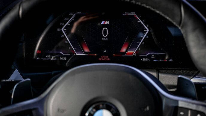 Digital dashboard of a modern car interior.