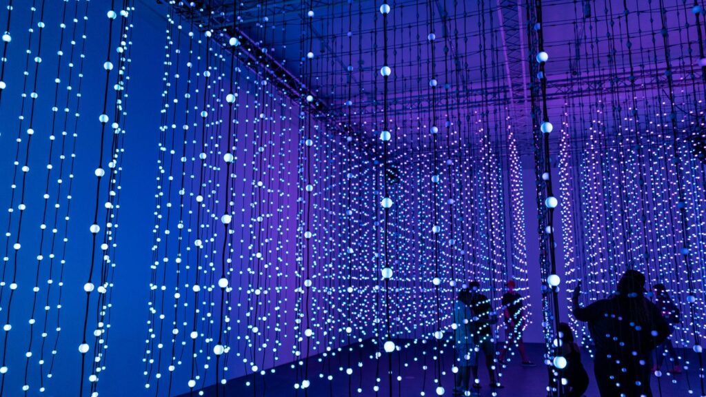 purple and white string lights