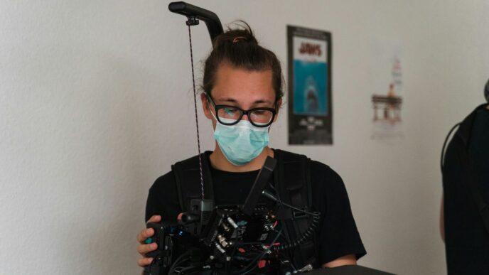 a woman wearing a face mask holding a camera