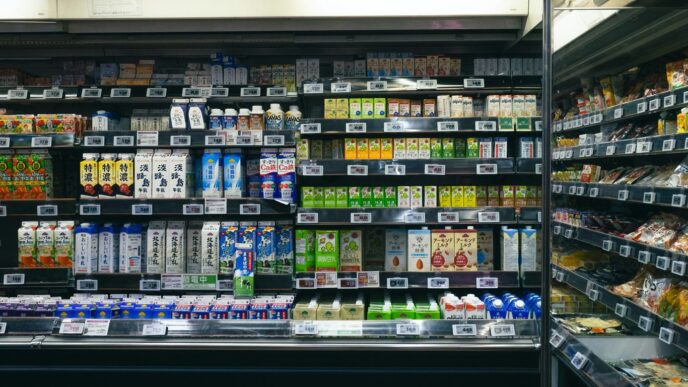 Shelves stocked with beverages and food items in a store.