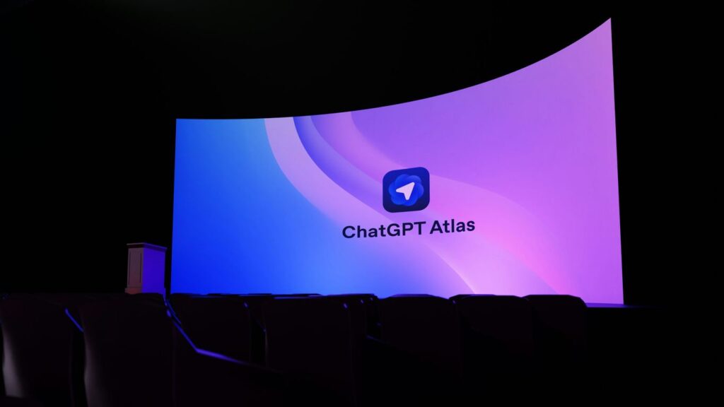 Large screen displaying "chatgpt atlas" logo