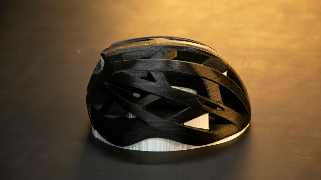 A close up of a bike helmet on a table