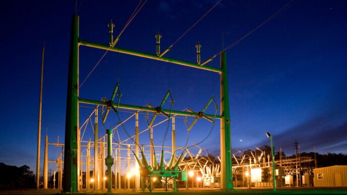 green and grey transmission tower during nighttime