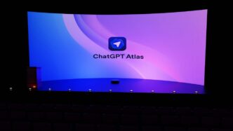 Chatgpt atlas logo displayed on a large screen.