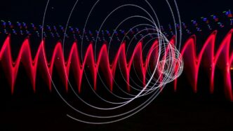 a long exposure photo of red and white lights