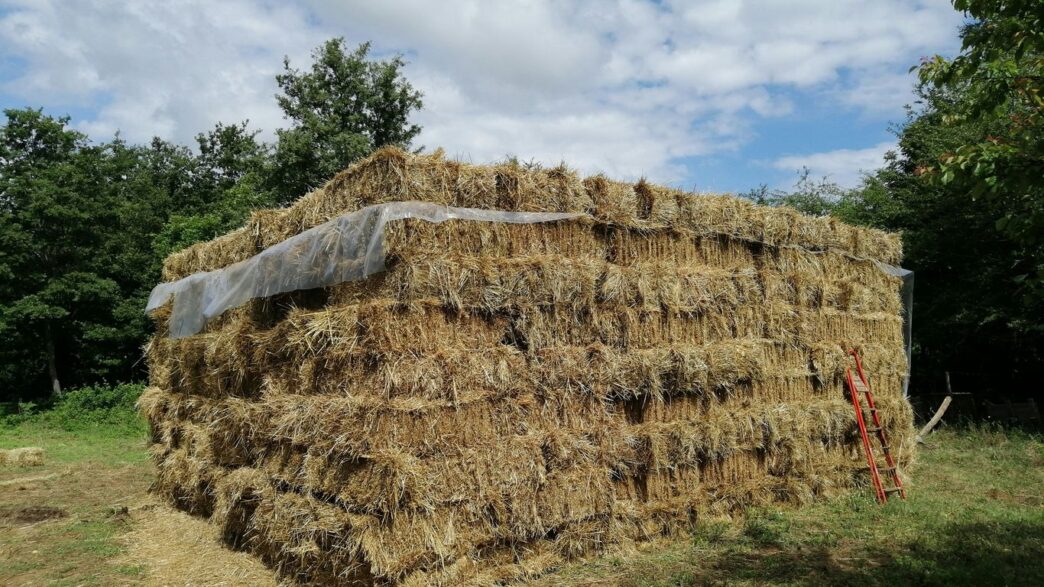 brown hays on green grass field under blue and white cloudy sky during daytime