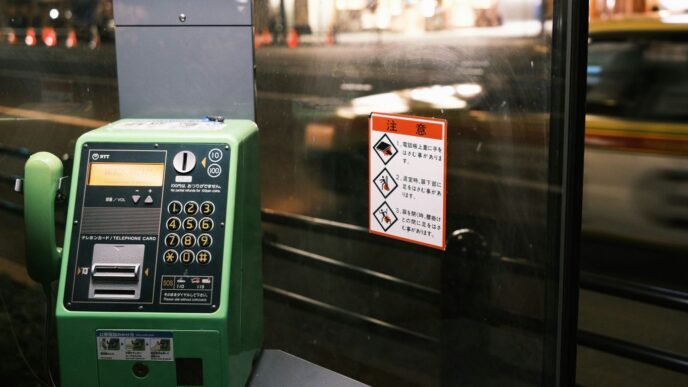 a green pay phone sitting next to a parking meter