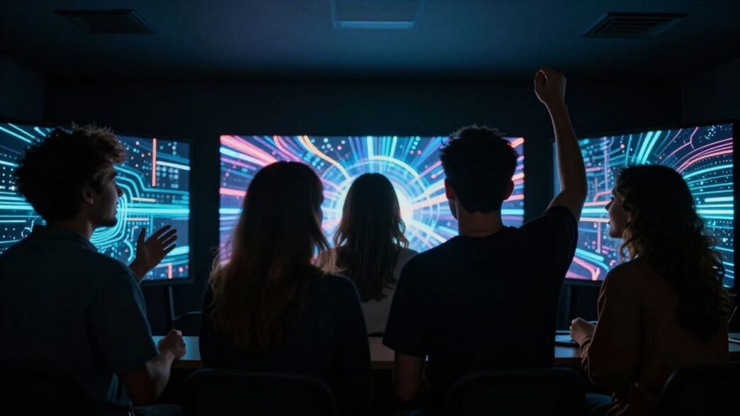 Fans engaging with digital screens in a modern setting.