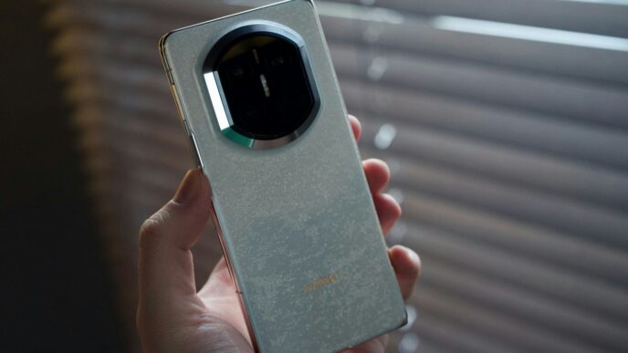 Hand holding a vintage smartphone with a circular camera lens.