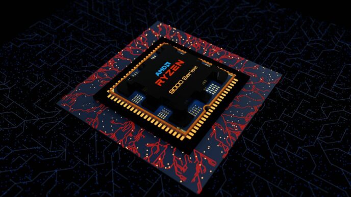 Close-up of a computer processor chip with ryzen branding