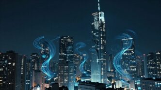 Futuristic cityscape with glowing digital streams and AI patterns.