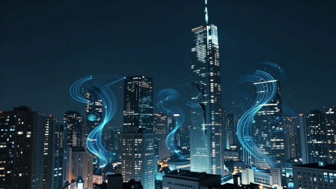 Futuristic cityscape with glowing digital streams and AI patterns.