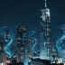 Futuristic cityscape with glowing digital streams and AI patterns.