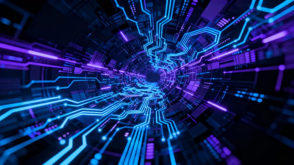 Digital circuits and data streams glowing in the dark.