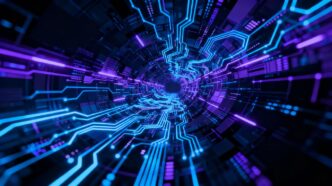 Digital circuits and data streams glowing in the dark.