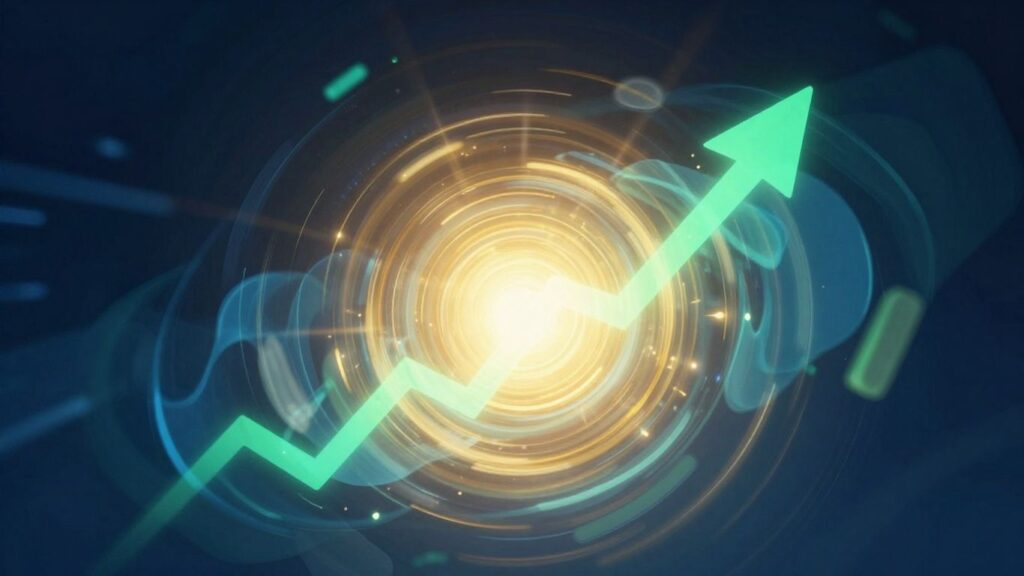 Financial growth and success visualized with upward trends and golden glow.