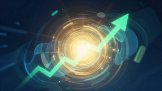 Financial growth and success visualized with upward trends and golden glow.