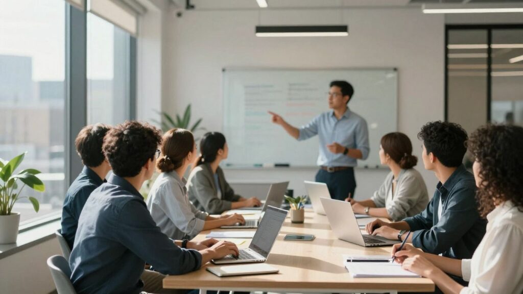 Kore.ai funding announcement with professionals in a modern office.