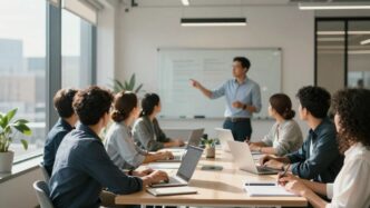 Kore.ai funding announcement with professionals in a modern office.