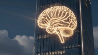 AI building with golden light and upward trajectory.