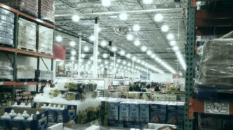 A wide aisle in a brightly lit warehouse store.