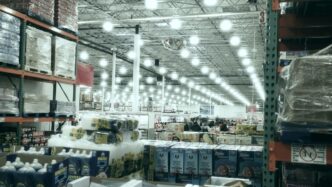 A wide aisle in a brightly lit warehouse store.