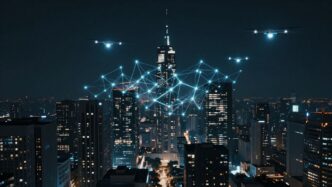 Futuristic cityscape with glowing AI neural networks.