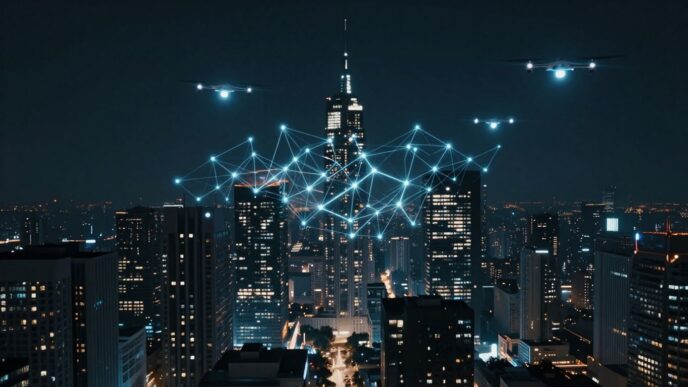 Futuristic cityscape with glowing AI neural networks.